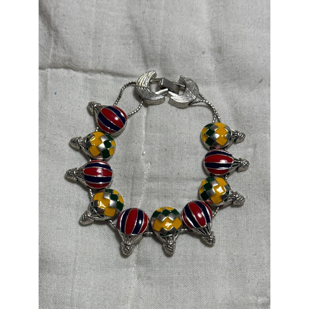 Vintage Hot Air Balloon Enamel Charm Bracelet Silver Tone Multi Color Whimsical
